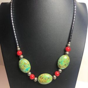 1606 Beautiful composite Turquoise & coral 925 Sterling silver necklace 21"